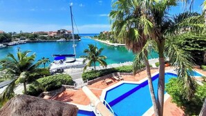 Marina con barcos, piscina y palmeras.