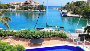 Una piscina amb un trampolí, envoltada d'una zona ajardinada amb palmeres i vistes al port esportiu ple de vaixells.