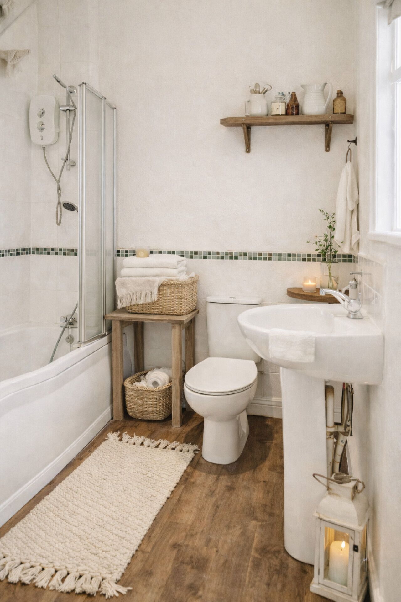 Une salle de bain équipée d’une douche, de toilettes, d’un lavabo et d’une étagère en bois où sont rangés les articles de toilette.