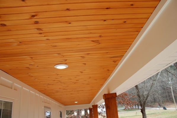 A wooden ceiling with a recessed light fixture and white trim. - The Alabama Rig @ Mink Creek Boat Ramp-Scottsboro-Guntersville Lake (Scottsboro)