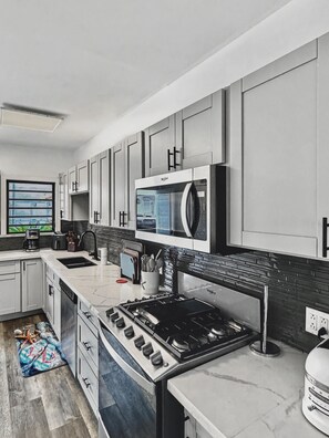 Een magnetron, een oven, een kookplaat, een vaatwasser