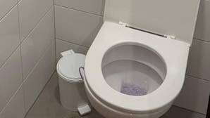 Een kleine, moderne badkamer met een wit toilet, een witte prullenbak en een bedieningspaneel voor de spoeling bevestigd aan de muur.