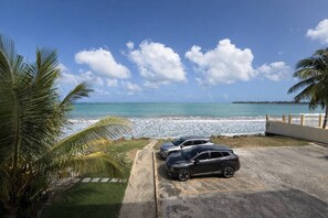 Ein Parkplatz mit zwei Autos, einer Palme und Blick auf den Ozean.