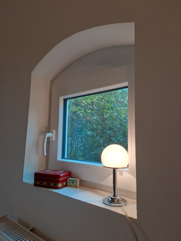 Een raam met uitzicht op weelderige begroeiing, een witte deur, een rode doos en een bureaulamp.