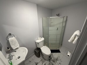 Dusche, Haartrockner, Handtücher, Seife