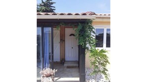 Una entrada de casa con puerta de cristal, puerta de madera y un pequeño porche con planta en maceta.