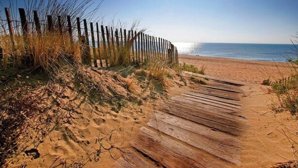 Una playa arenosa con un paseo marítimo de madera que conduce al agua.