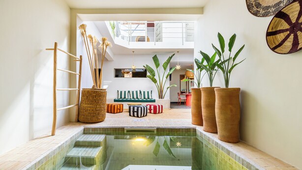 Un área de piscina interior moderna con vistas despejadas al nivel superior, una escalera de madera y varias plantas en macetas.