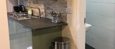 A modern kitchen with a sink, a trash bin, and a countertop.