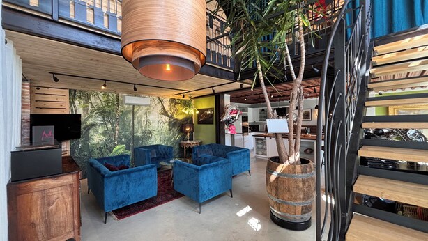 Un intérieur moderne avec des canapés bleus, un grand bac à plantes en bois en forme d’arbre et, au fond, un espace cuisine.