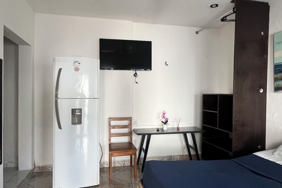 A bedroom with a bed, a desk, a chair, a television, and a refrigerator.