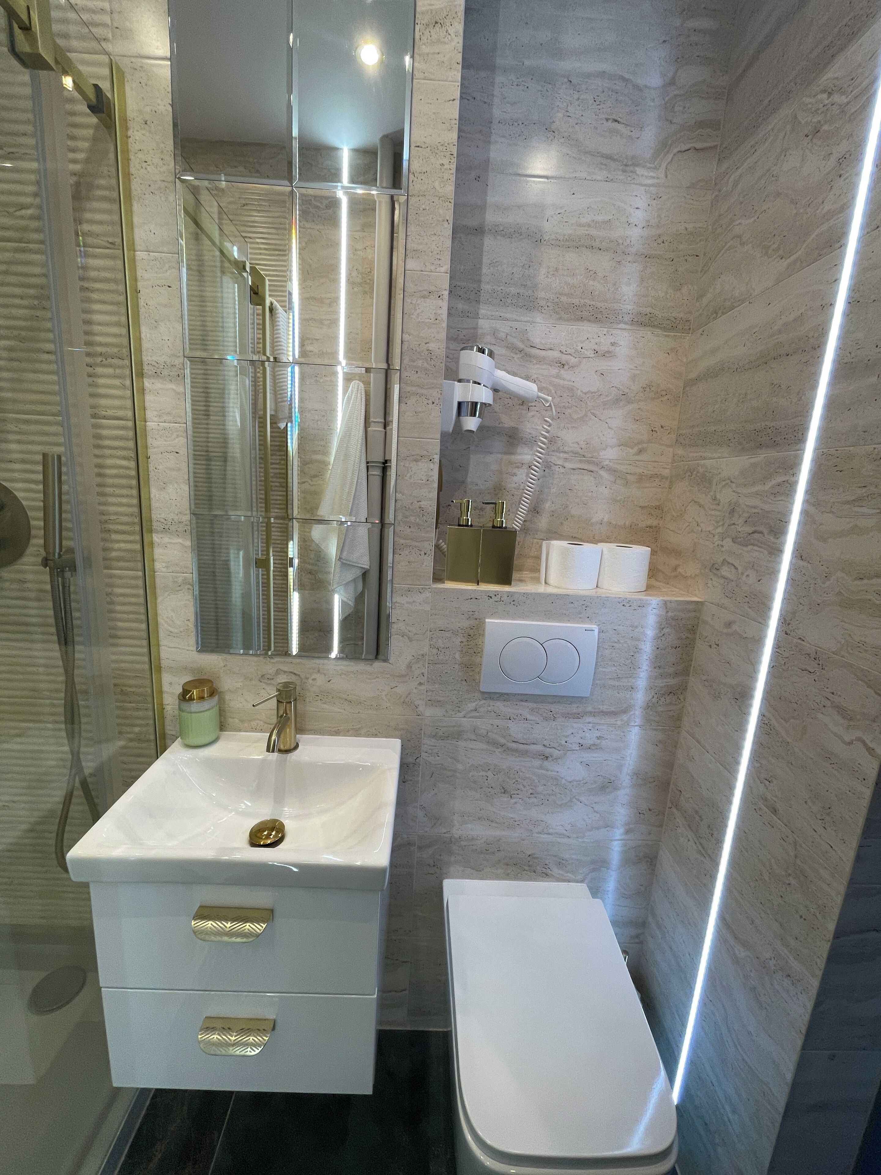 Shower, hair dryer, towels, toilet paper