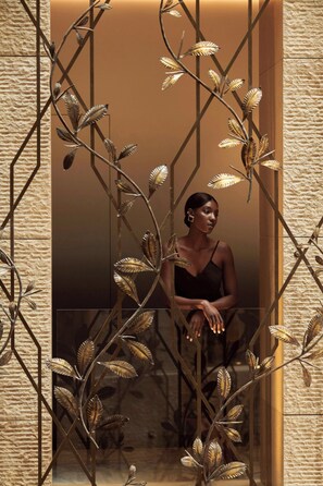 A person standing in a modern elevator with a decorative metal leaf design on the walls. - The St. Regis Budapest (Budapest)