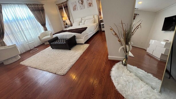 A modern living room with a sofa, a coffee table, and a large mirror. - Delightful 3-bedroom 2-bathroom Single family home in Springfield (Springfield)
