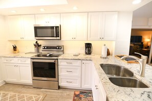 Fridge, microwave, oven, stovetop - Premium, Remodeled Direct Oceanfront Two Bedroom Condo--Barefoot Trace 207 (St. Augustine)