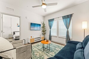 Apartment, 1 King Bed with Sofa bed, Non Smoking, Kitchen | Living area | 45-inch Smart TV with digital channels -  Adeline Apartments 15m to Parks, Pet Friendly, Free Parking by Heavenly Homes (Kissimmee)