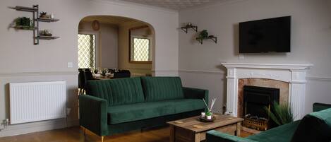 Smart TV, fireplace, books