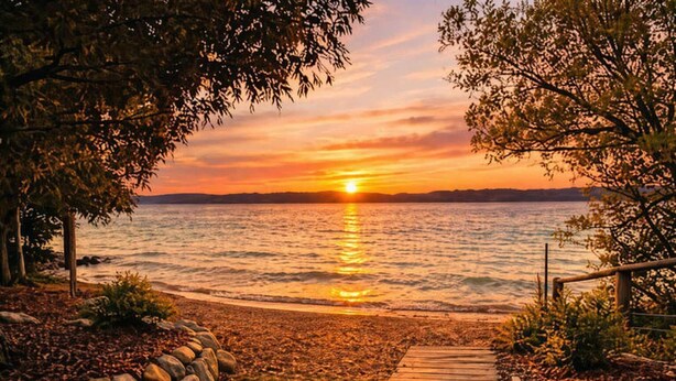 A wooden pathway leading to a beach with a sunset in the background. - Relax & Recharge | Fire pit, Game Room, Near Torch Lake (Bellaire)