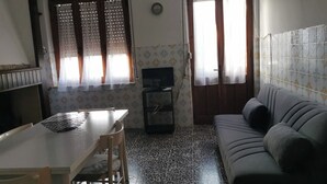 Un petit salon comprenant un canapé, une table à manger avec des chaises, un téléviseur et une fenêtre avec des rideaux.