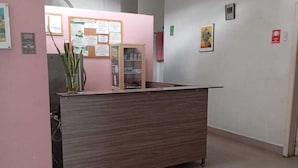 Ένας πάγκος υποδοχής με ροζ τοίχο, ένας πίνακας ανακοινώσεων και ένα φυτό.