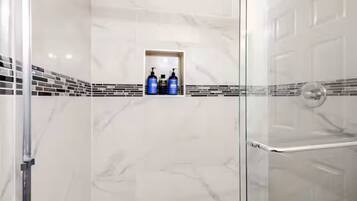 Shower, towels, soap, shampoo