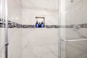 Shower, towels, soap, shampoo