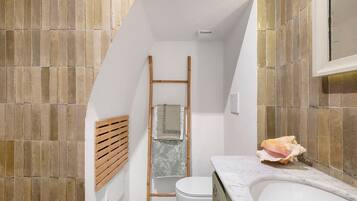 Shower, hair dryer, towels