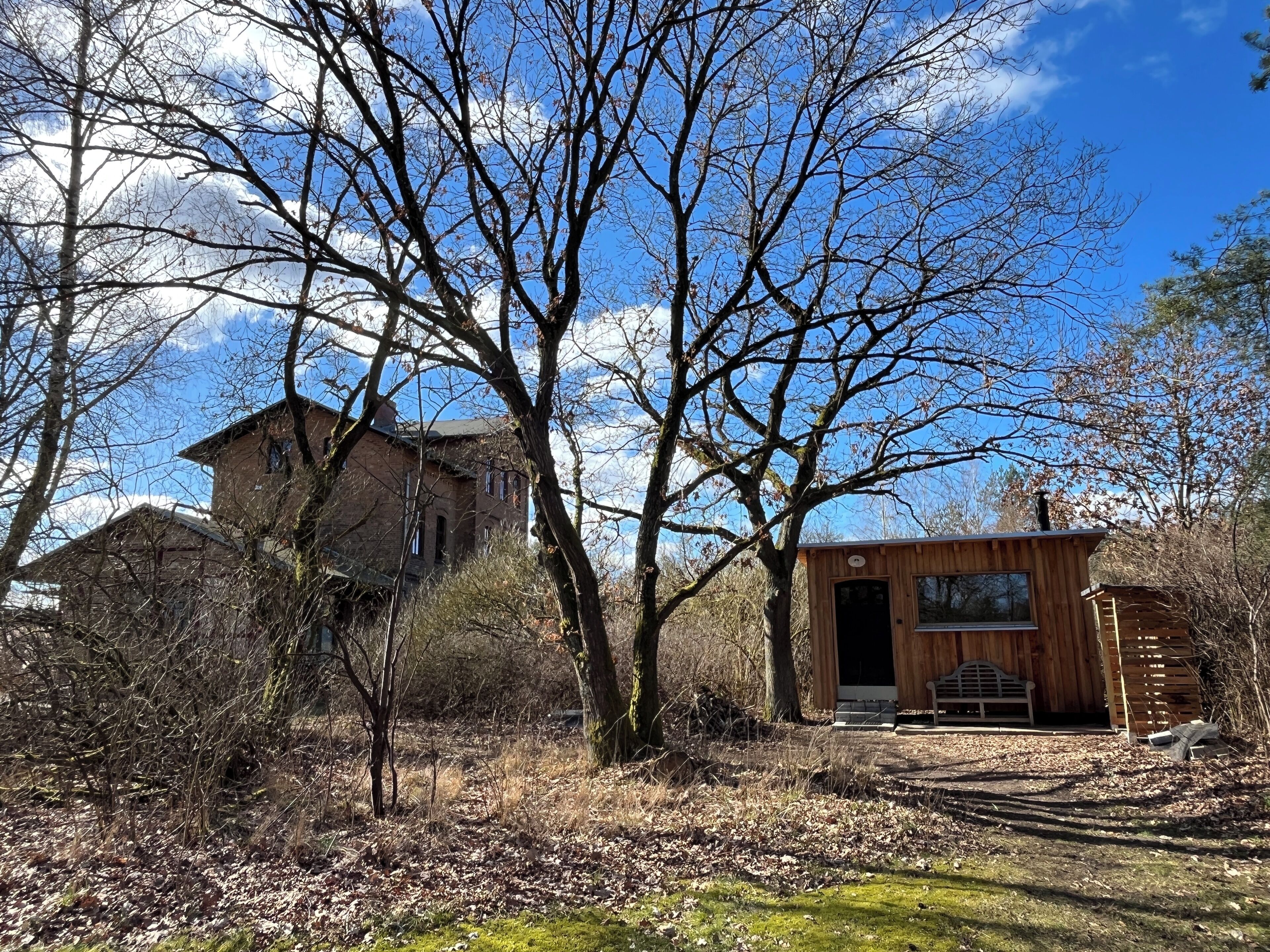 Une cabane rustique aux murs en bois, entourée d’arbres, avec un grand bâtiment visible au loin.