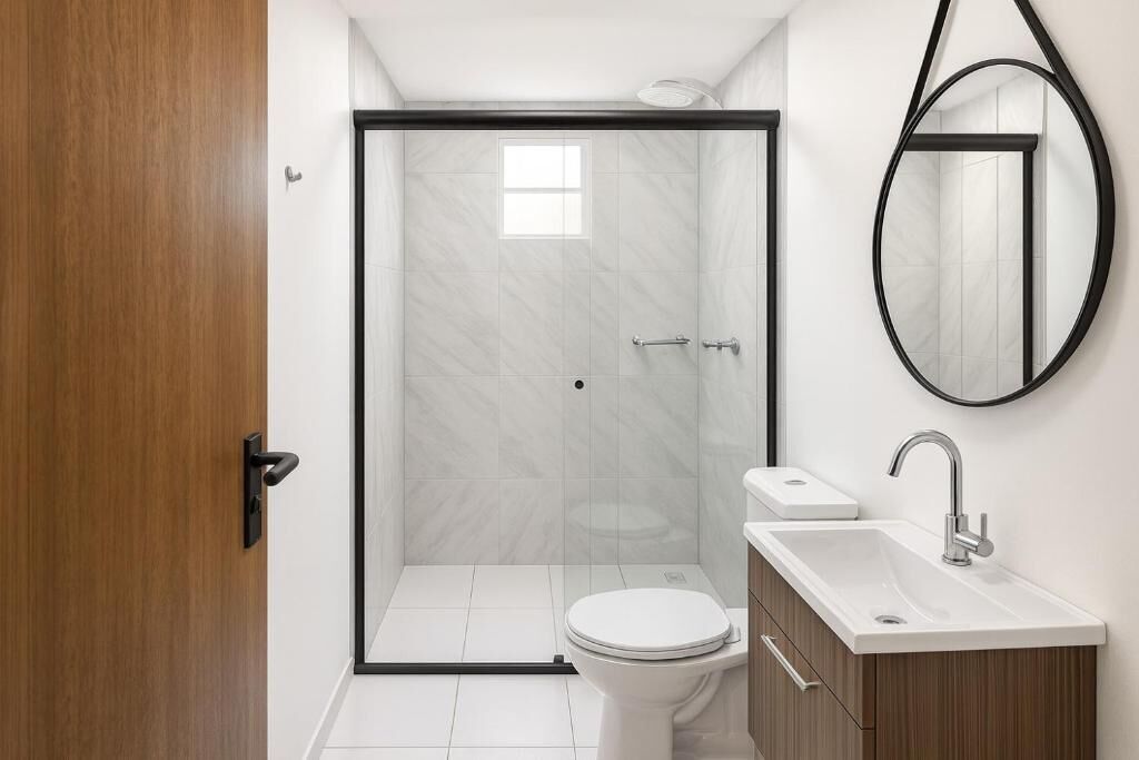 Un baño moderno con ducha, inodoro y lavamanos.