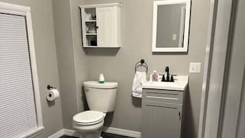 Hair dryer, towels, soap, toilet paper