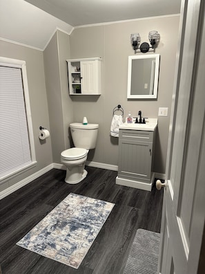 Une salle de bain équipée de toilettes, d’un lavabo, d’un miroir et d’un meuble de rangement.