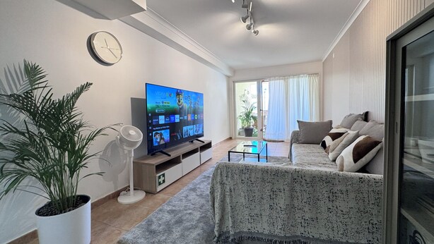 Un salon moderne avec un téléviseur à écran plat, un canapé, une table basse et une plante en pot.