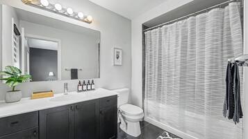 Hair dryer, bidet, towels, soap