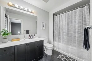 Hair dryer, bidet, towels, soap
