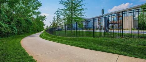 A curved pathway with a metal fence, surrounded by green grass and trees, leading to a building with a modern design.