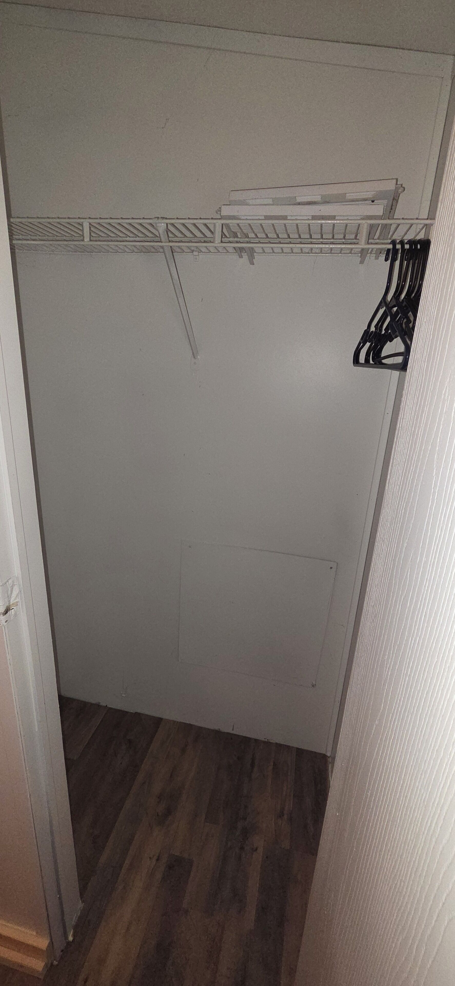 A small, enclosed closet with a wooden floor and a white door.