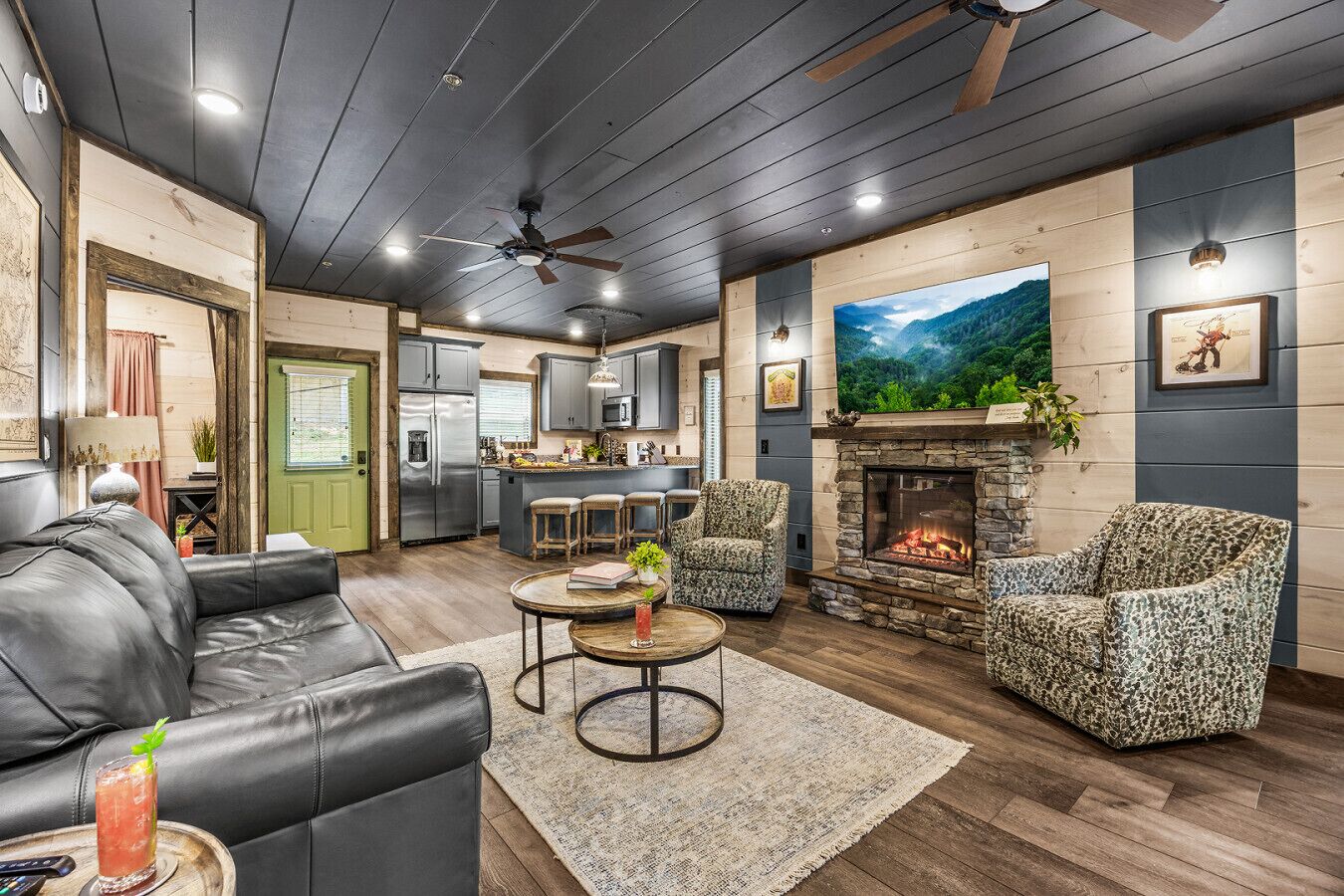 TV, fireplace, video games, stereo