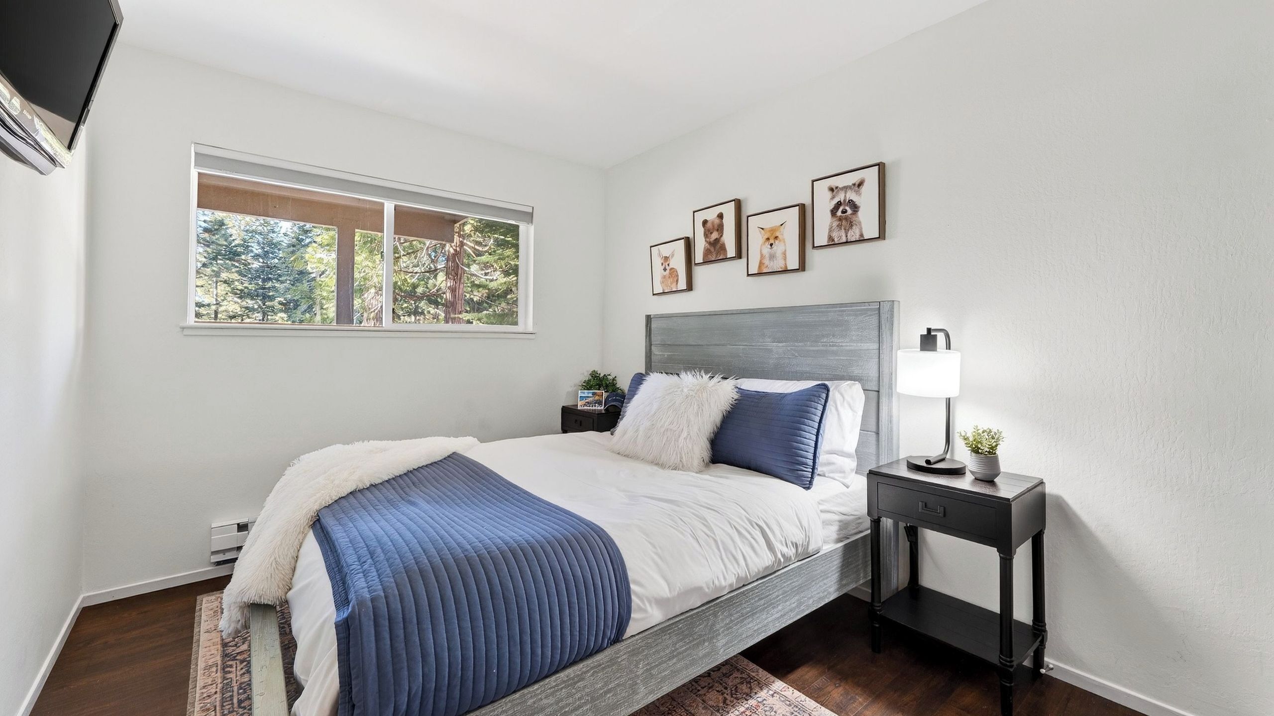 A bedroom with a bed, a nightstand, a lamp, and framed pictures on the wall.