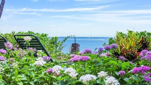 A garden with various plants and flowers, a metal chair, and a view of the sea through a fence.