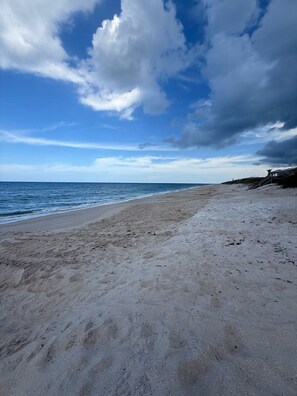 A beach with a clear sky and ocean.