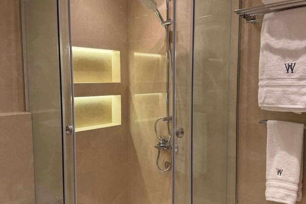 Shower, towels, soap, toilet paper