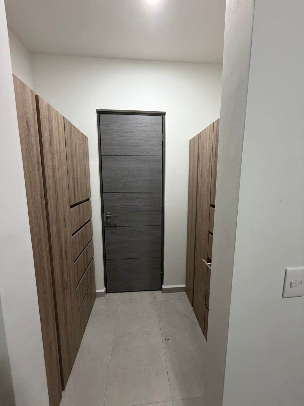 A narrow hallway with a dark wooden door, flanked by wooden wardrobes.