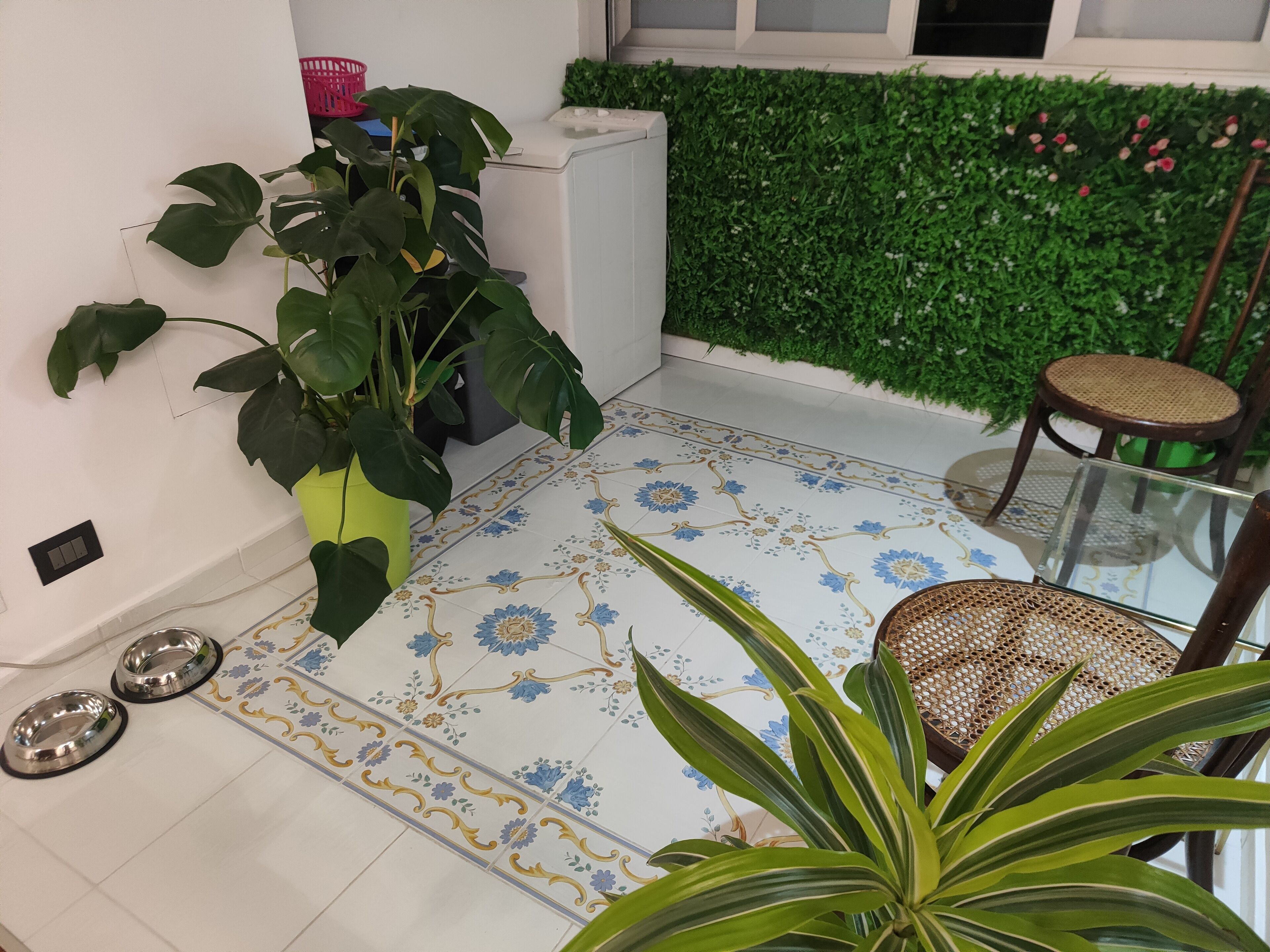 Une pièce avec un sol carrelé, une plante en pot, un lave-linge, un mur vert orné de plantes, une chaise en osier et une table en verre.