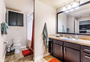 Chuveiro, secador de cabelo, toalhas de banho, sabonete