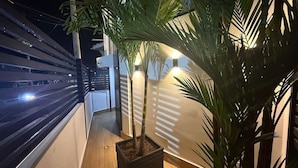 Un étroit couloir extérieur, agrémenté d’un pot de fleurs et de lampes fixées au mur.
