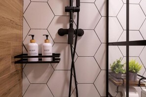 Shower, hair dryer, towels, soap