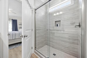 Shower, hair dryer, towels - Waves on Walnut NEW 3BR Home w/Private Pool in CG (North Myrtle Beach)