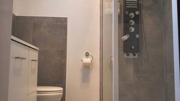 Shower, hair dryer, bidet, towels