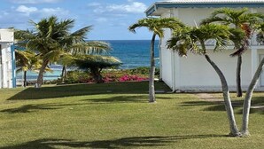 Una propiedad frente a la playa con un edificio blanco, palmeras y vista al océano.