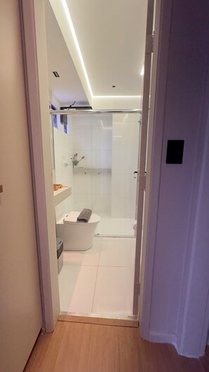 Secador de cabelo, toalhas de banho, sabonete, papel higiênico
